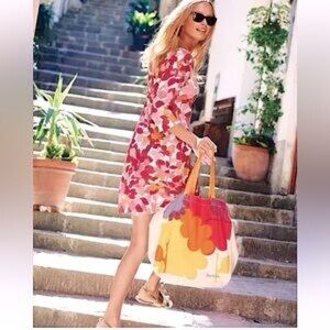 BODEN Linen Leaf Print Tunic Dress Vibrant Pink White Orange Size 8R